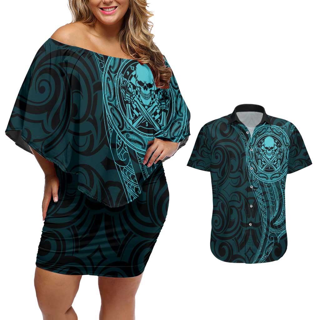 New Zealand Skull Darts Couples Matching Off Shoulder Short Dress and Hawaiian Shirt Aotearoa Maori Chest Tattoo Stylized Teal - Aussie Hoodie