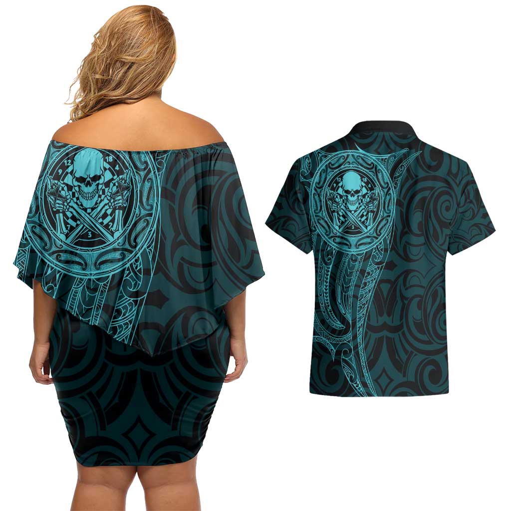 New Zealand Skull Darts Couples Matching Off Shoulder Short Dress and Hawaiian Shirt Aotearoa Maori Chest Tattoo Stylized Teal - Aussie Hoodie