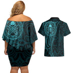 New Zealand Skull Darts Couples Matching Off Shoulder Short Dress and Hawaiian Shirt Aotearoa Maori Chest Tattoo Stylized Teal - Aussie Hoodie