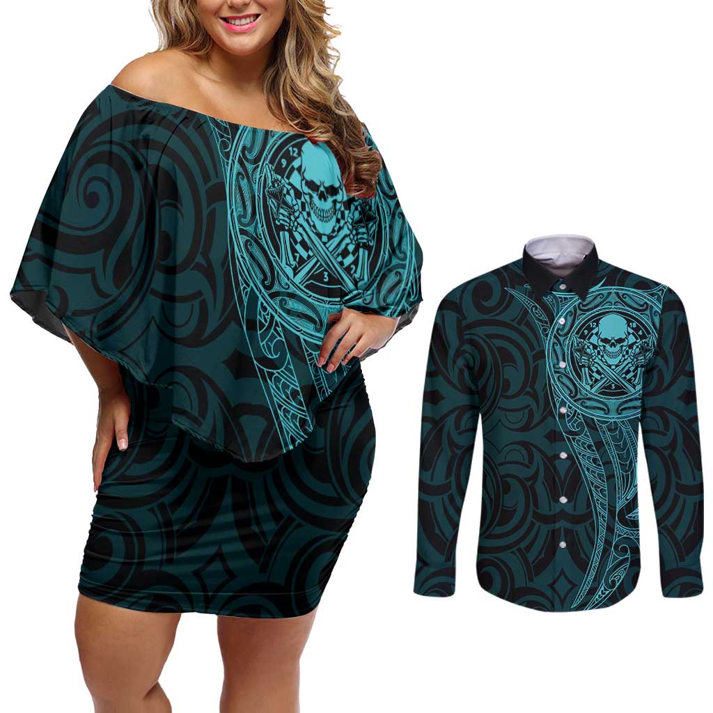 New Zealand Skull Darts Couples Matching Off Shoulder Short Dress and Long Sleeve Button Shirt Aotearoa Maori Chest Tattoo Stylized Teal - Aussie Hoodie