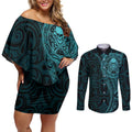 New Zealand Skull Darts Couples Matching Off Shoulder Short Dress and Long Sleeve Button Shirt Aotearoa Maori Chest Tattoo Stylized Teal - Aussie Hoodie