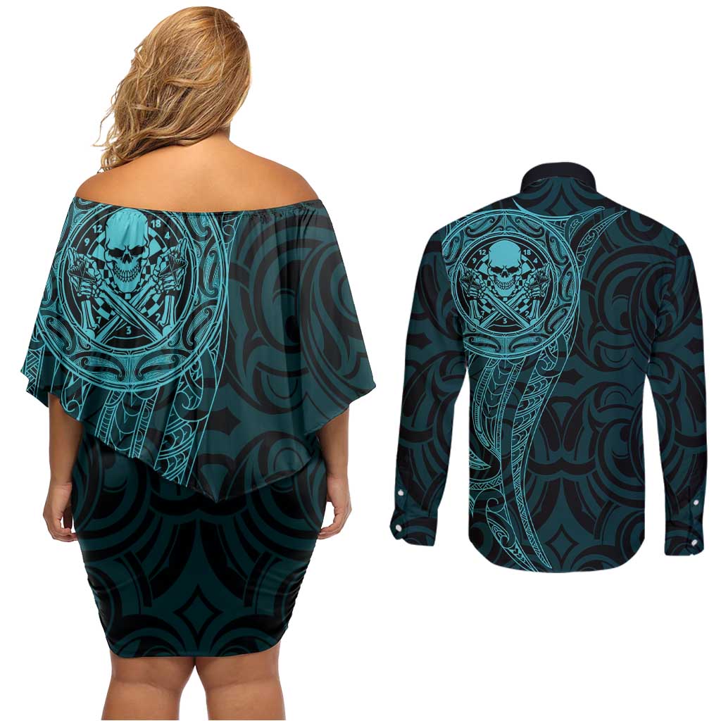 New Zealand Skull Darts Couples Matching Off Shoulder Short Dress and Long Sleeve Button Shirt Aotearoa Maori Chest Tattoo Stylized Teal - Aussie Hoodie