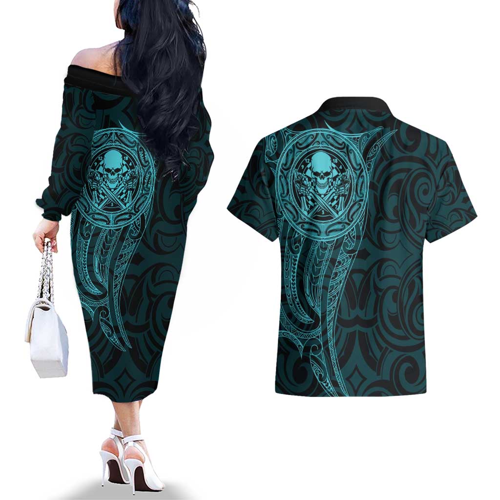 New Zealand Skull Darts Couples Matching Off The Shoulder Long Sleeve Dress and Hawaiian Shirt Aotearoa Maori Chest Tattoo Stylized Teal - Aussie Hoodie