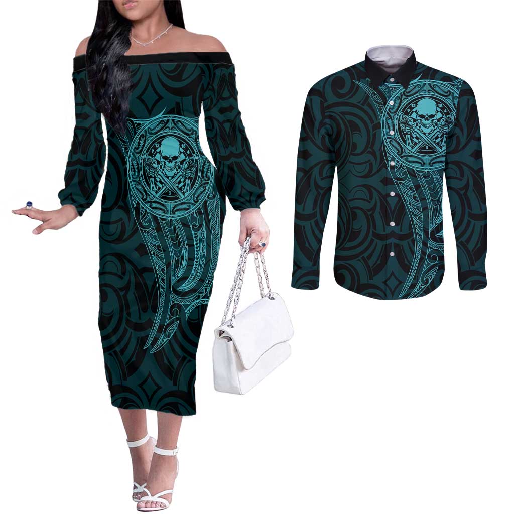 New Zealand Skull Darts Couples Matching Off The Shoulder Long Sleeve Dress and Long Sleeve Button Shirt Aotearoa Maori Chest Tattoo Stylized Teal - Aussie Hoodie