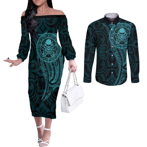 New Zealand Skull Darts Couples Matching Off The Shoulder Long Sleeve Dress and Long Sleeve Button Shirt Aotearoa Maori Chest Tattoo Stylized Teal - Aussie Hoodie