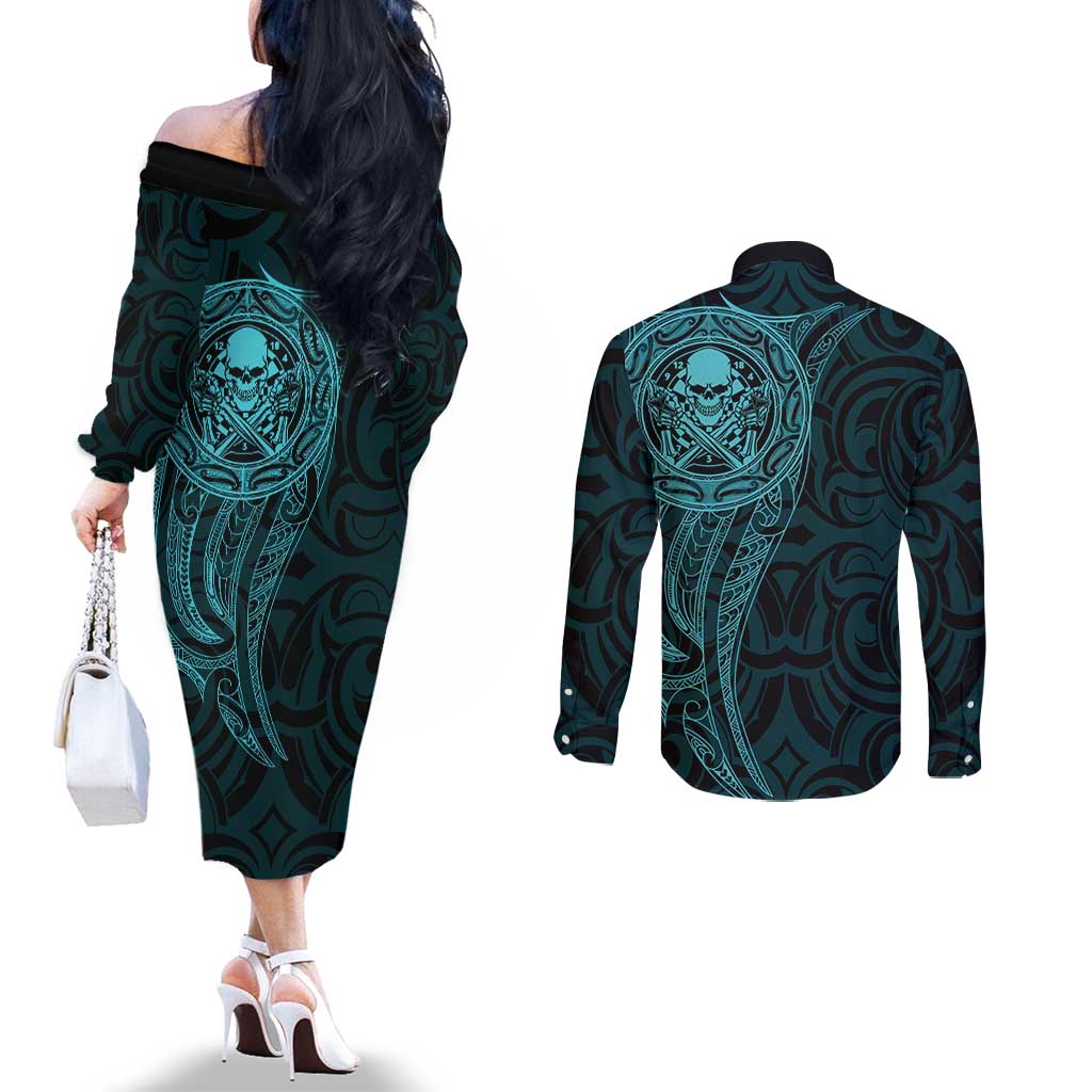 New Zealand Skull Darts Couples Matching Off The Shoulder Long Sleeve Dress and Long Sleeve Button Shirt Aotearoa Maori Chest Tattoo Stylized Teal - Aussie Hoodie