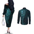 New Zealand Skull Darts Couples Matching Off The Shoulder Long Sleeve Dress and Long Sleeve Button Shirt Aotearoa Maori Chest Tattoo Stylized Teal - Aussie Hoodie