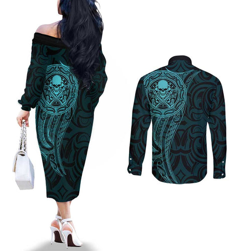 New Zealand Skull Darts Couples Matching Off The Shoulder Long Sleeve Dress and Long Sleeve Button Shirt Aotearoa Maori Chest Tattoo Stylized Teal - Aussie Hoodie