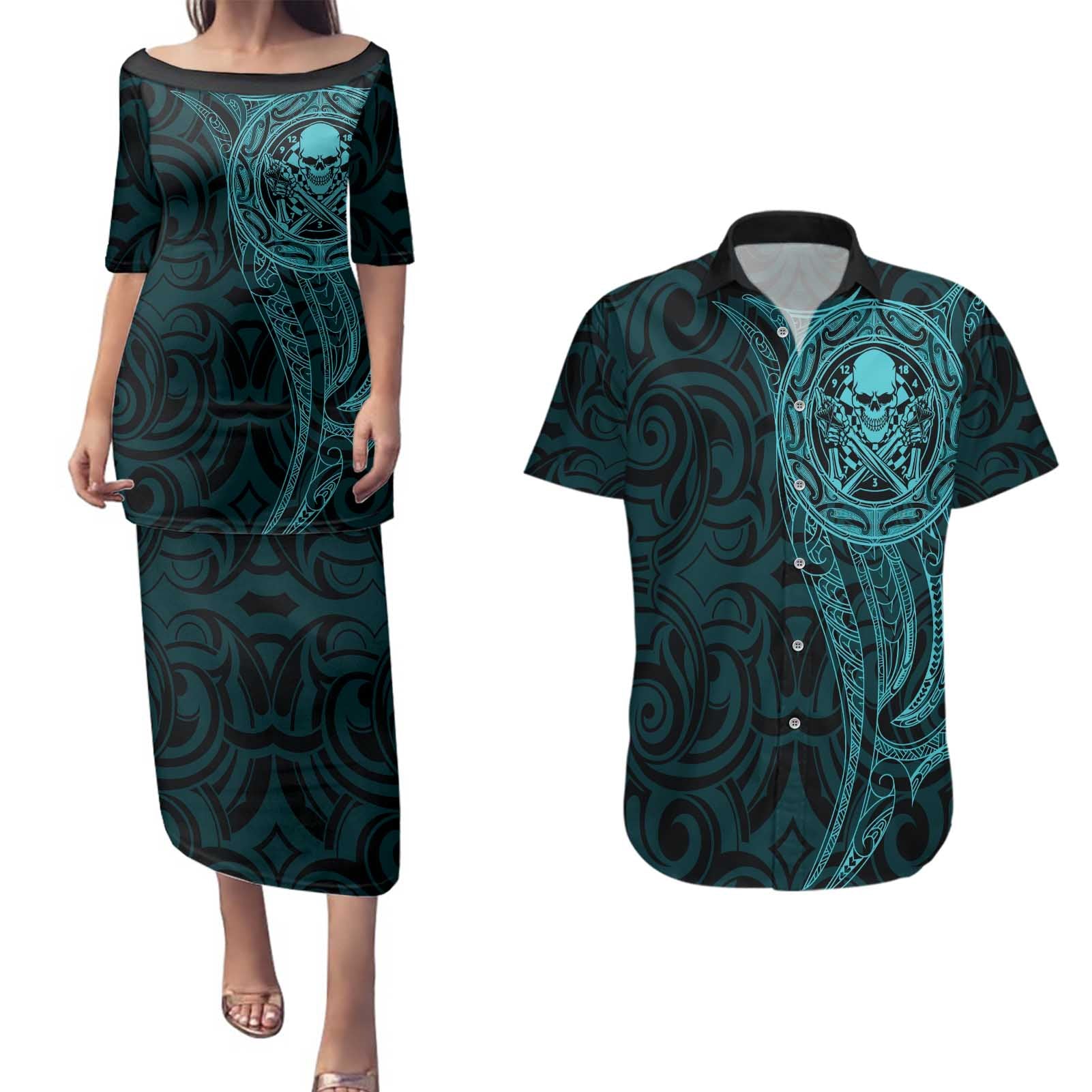 New Zealand Skull Darts Couples Matching Puletasi and Hawaiian Shirt Aotearoa Maori Chest Tattoo Stylized Teal - Aussie Hoodie