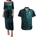 New Zealand Skull Darts Couples Matching Puletasi and Hawaiian Shirt Aotearoa Maori Chest Tattoo Stylized Teal - Aussie Hoodie