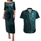 New Zealand Skull Darts Couples Matching Puletasi and Hawaiian Shirt Aotearoa Maori Chest Tattoo Stylized Teal - Aussie Hoodie