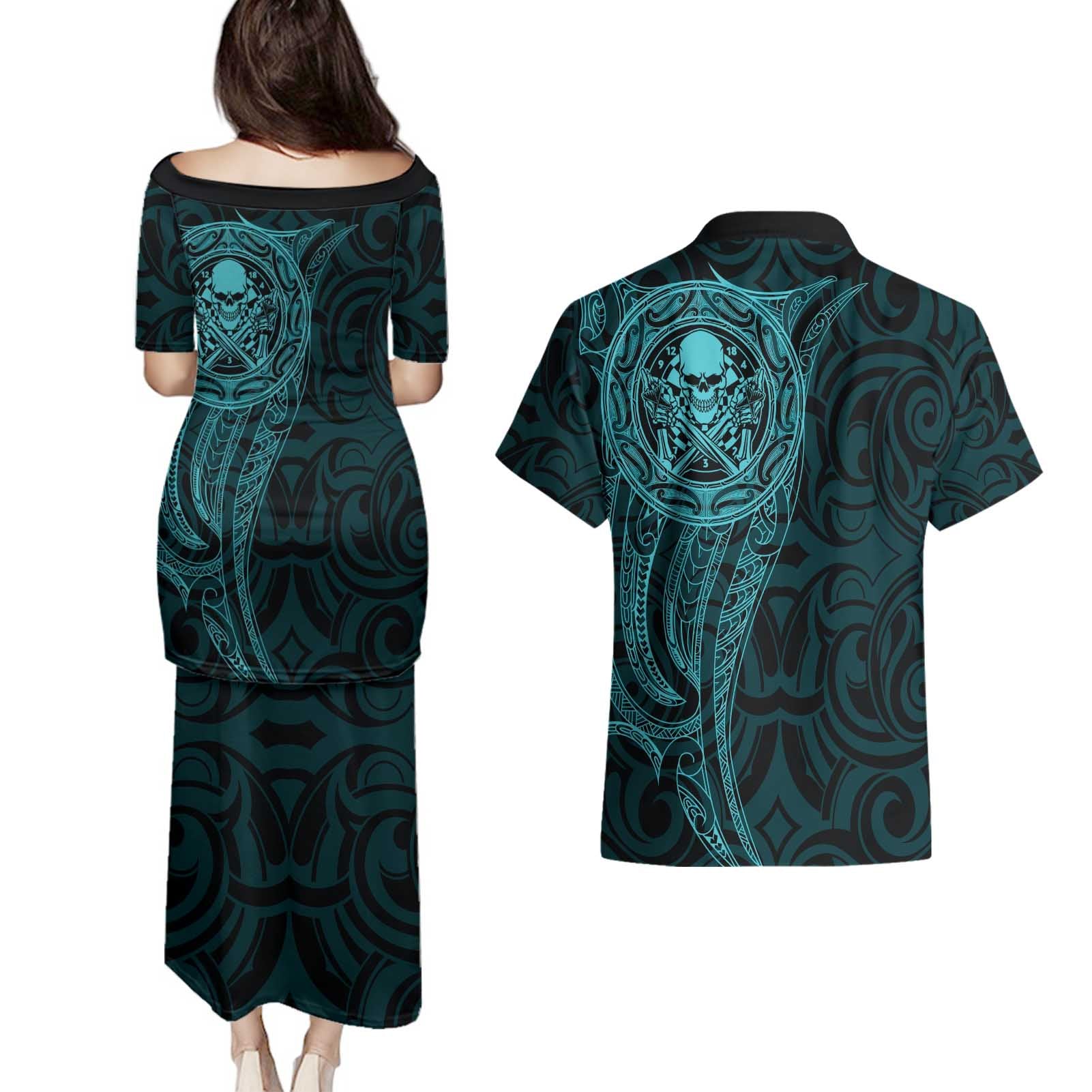 New Zealand Skull Darts Couples Matching Puletasi and Hawaiian Shirt Aotearoa Maori Chest Tattoo Stylized Teal - Aussie Hoodie