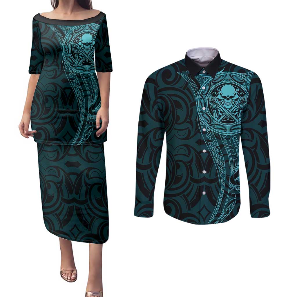 New Zealand Skull Darts Couples Matching Puletasi and Long Sleeve Button Shirt Aotearoa Maori Chest Tattoo Stylized Teal - Aussie Hoodie