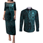 New Zealand Skull Darts Couples Matching Puletasi and Long Sleeve Button Shirt Aotearoa Maori Chest Tattoo Stylized Teal - Aussie Hoodie
