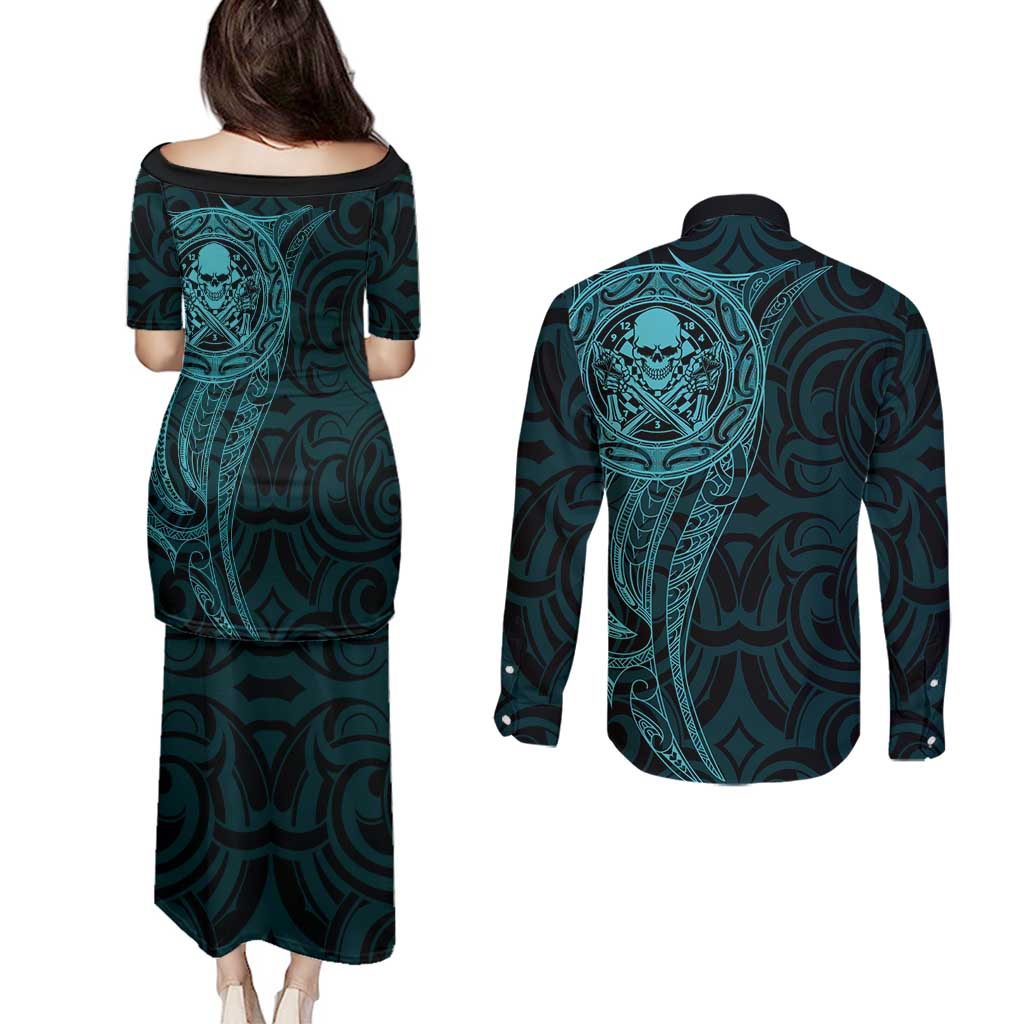 New Zealand Skull Darts Couples Matching Puletasi and Long Sleeve Button Shirt Aotearoa Maori Chest Tattoo Stylized Teal - Aussie Hoodie