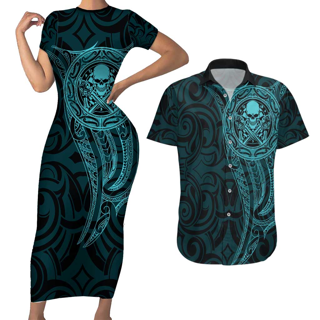 New Zealand Skull Darts Couples Matching Short Sleeve Bodycon Dress and Hawaiian Shirt Aotearoa Maori Chest Tattoo Stylized Teal - Aussie Hoodie