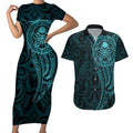 New Zealand Skull Darts Couples Matching Short Sleeve Bodycon Dress and Hawaiian Shirt Aotearoa Maori Chest Tattoo Stylized Teal - Aussie Hoodie