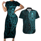 New Zealand Skull Darts Couples Matching Short Sleeve Bodycon Dress and Hawaiian Shirt Aotearoa Maori Chest Tattoo Stylized Teal - Aussie Hoodie