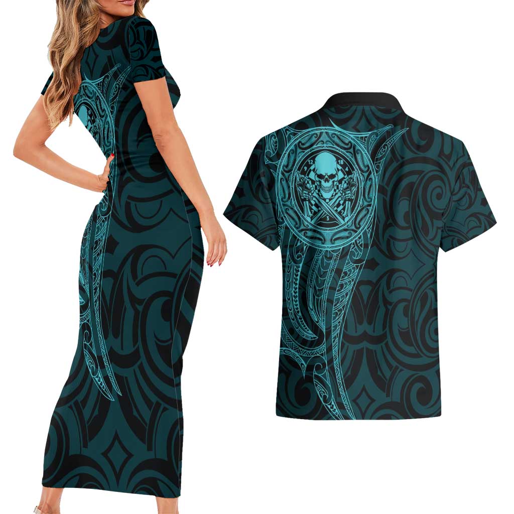 New Zealand Skull Darts Couples Matching Short Sleeve Bodycon Dress and Hawaiian Shirt Aotearoa Maori Chest Tattoo Stylized Teal - Aussie Hoodie
