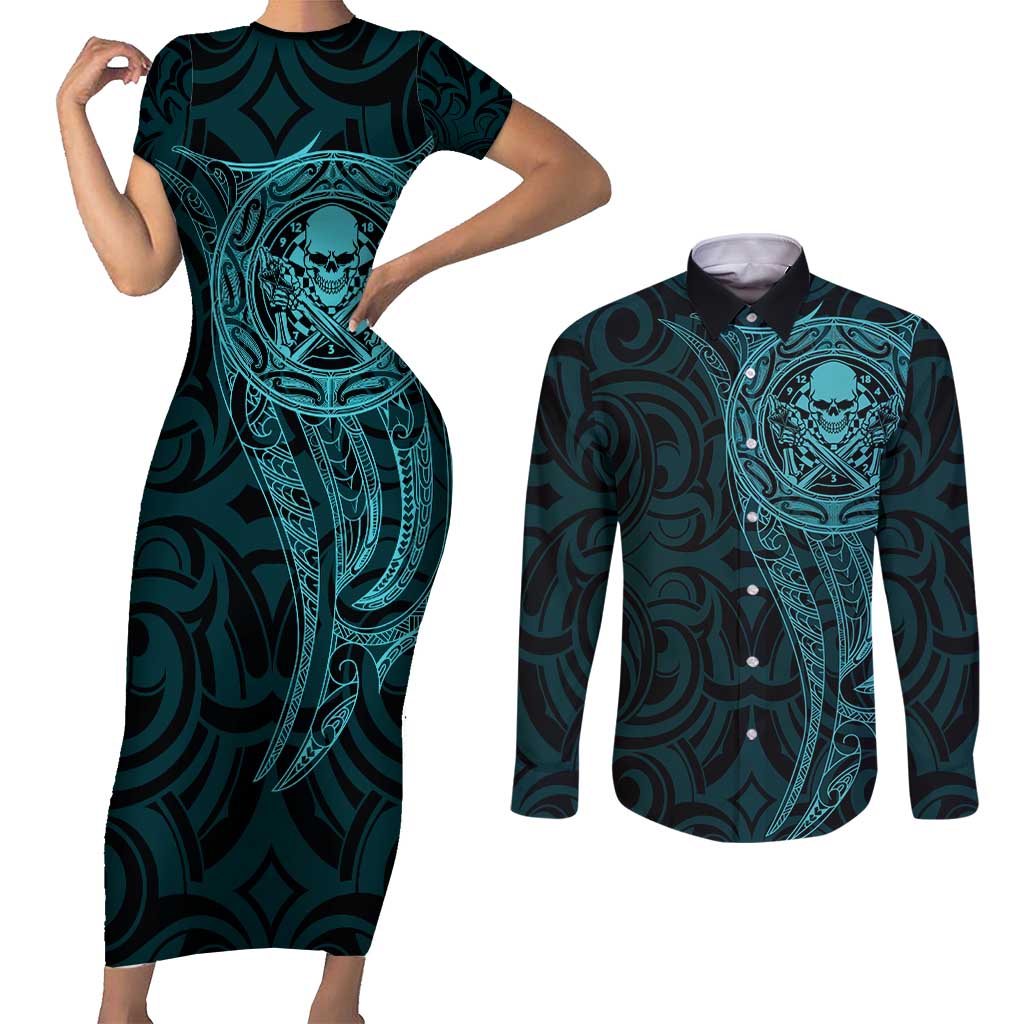 New Zealand Skull Darts Couples Matching Short Sleeve Bodycon Dress and Long Sleeve Button Shirt Aotearoa Maori Chest Tattoo Stylized Teal - Aussie Hoodie