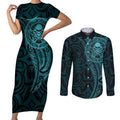 New Zealand Skull Darts Couples Matching Short Sleeve Bodycon Dress and Long Sleeve Button Shirt Aotearoa Maori Chest Tattoo Stylized Teal - Aussie Hoodie