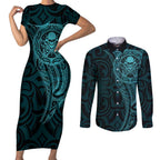 New Zealand Skull Darts Couples Matching Short Sleeve Bodycon Dress and Long Sleeve Button Shirt Aotearoa Maori Chest Tattoo Stylized Teal - Aussie Hoodie