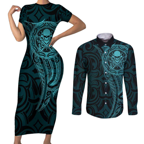 New Zealand Skull Darts Couples Matching Short Sleeve Bodycon Dress and Long Sleeve Button Shirt Aotearoa Maori Chest Tattoo Stylized Teal - Aussie Hoodie