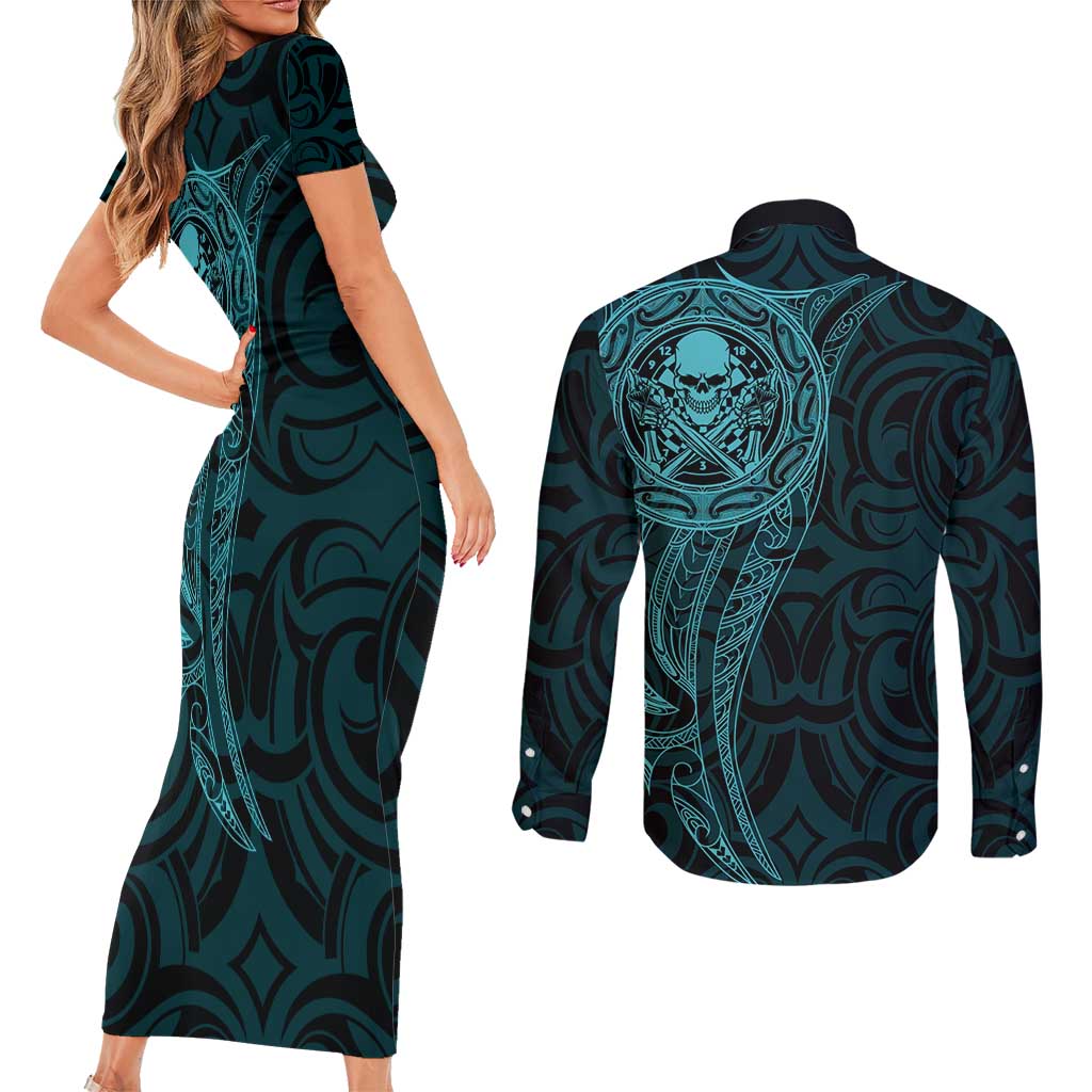 New Zealand Skull Darts Couples Matching Short Sleeve Bodycon Dress and Long Sleeve Button Shirt Aotearoa Maori Chest Tattoo Stylized Teal - Aussie Hoodie