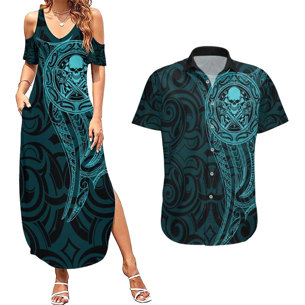 New Zealand Skull Darts Couples Matching Summer Maxi Dress and Hawaiian Shirt Aotearoa Maori Chest Tattoo Stylized Teal - Aussie Hoodie
