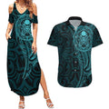 New Zealand Skull Darts Couples Matching Summer Maxi Dress and Hawaiian Shirt Aotearoa Maori Chest Tattoo Stylized Teal - Aussie Hoodie