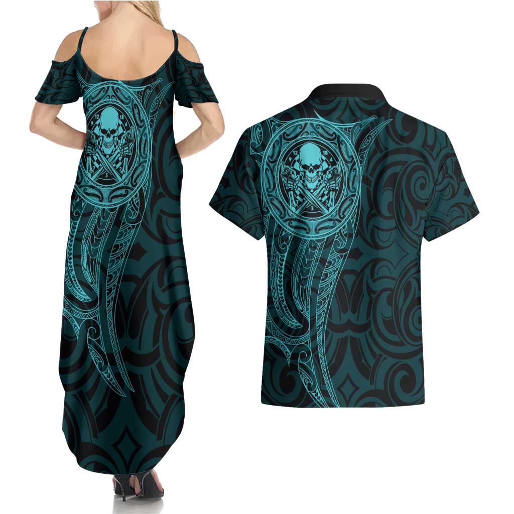 New Zealand Skull Darts Couples Matching Summer Maxi Dress and Hawaiian Shirt Aotearoa Maori Chest Tattoo Stylized Teal - Aussie Hoodie