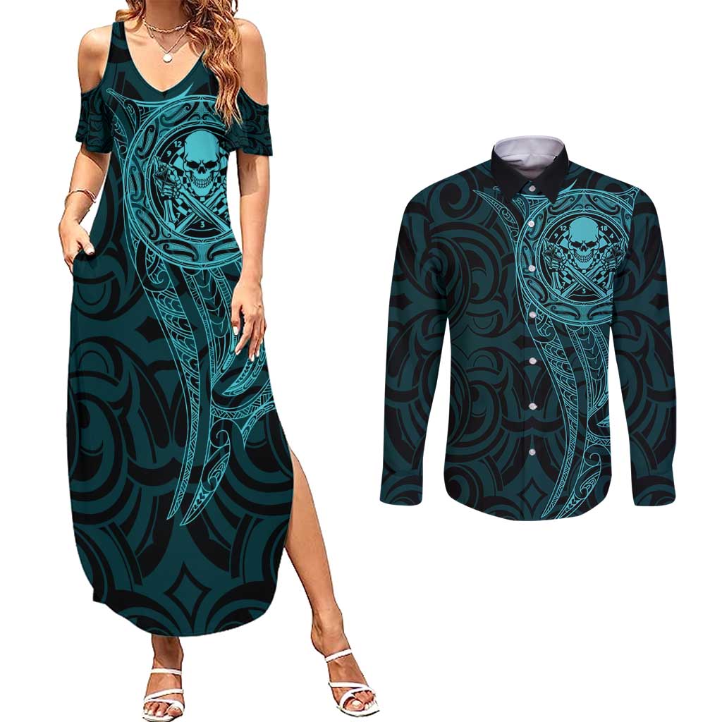 New Zealand Skull Darts Couples Matching Summer Maxi Dress and Long Sleeve Button Shirt Aotearoa Maori Chest Tattoo Stylized Teal - Aussie Hoodie