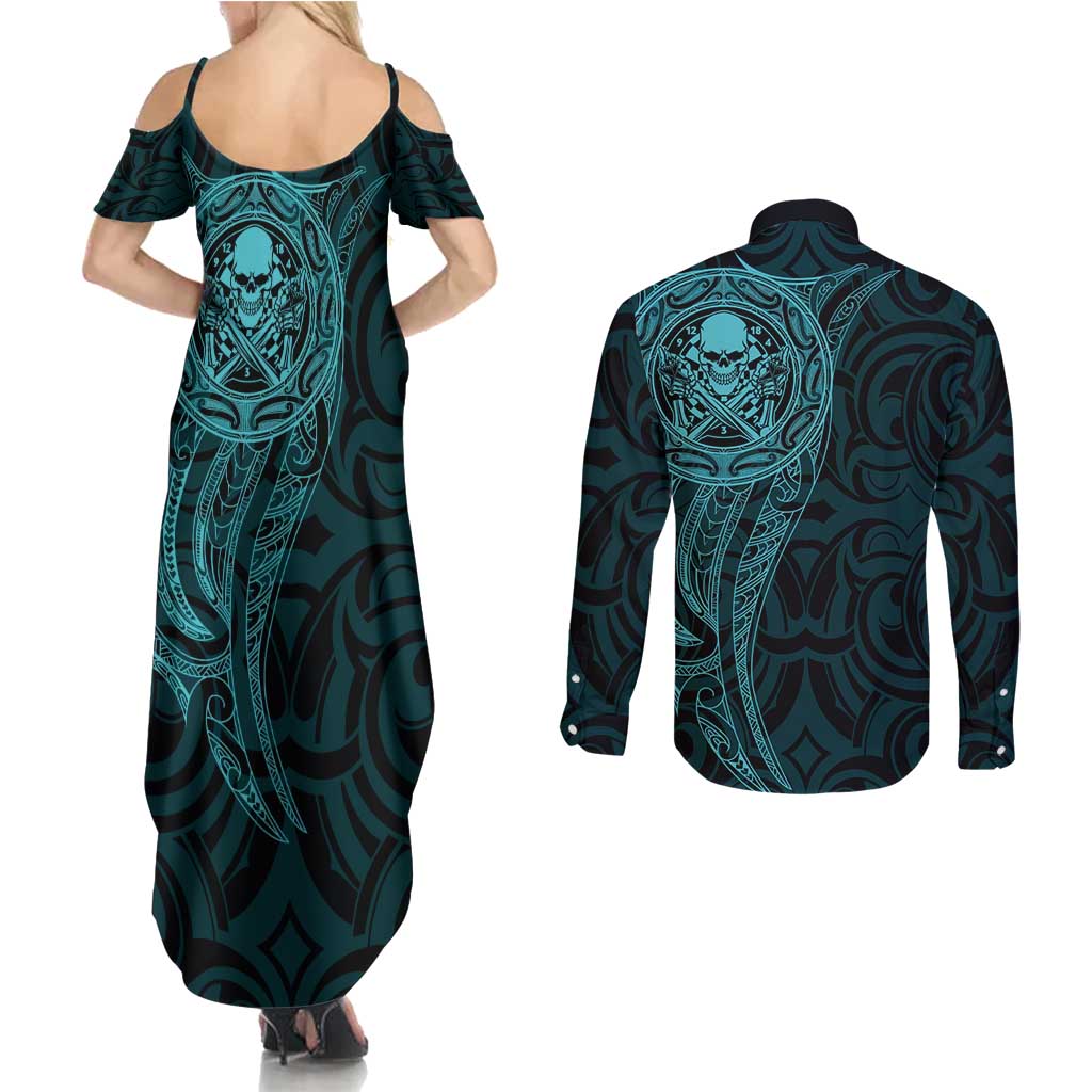 New Zealand Skull Darts Couples Matching Summer Maxi Dress and Long Sleeve Button Shirt Aotearoa Maori Chest Tattoo Stylized Teal - Aussie Hoodie