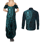 New Zealand Skull Darts Couples Matching Summer Maxi Dress and Long Sleeve Button Shirt Aotearoa Maori Chest Tattoo Stylized Teal - Aussie Hoodie