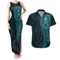 New Zealand Skull Darts Couples Matching Tank Maxi Dress and Hawaiian Shirt Aotearoa Maori Chest Tattoo Stylized Teal - Aussie Hoodie