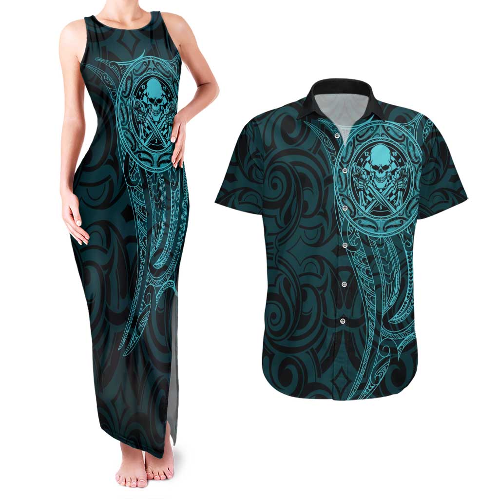 New Zealand Skull Darts Couples Matching Tank Maxi Dress and Hawaiian Shirt Aotearoa Maori Chest Tattoo Stylized Teal - Aussie Hoodie