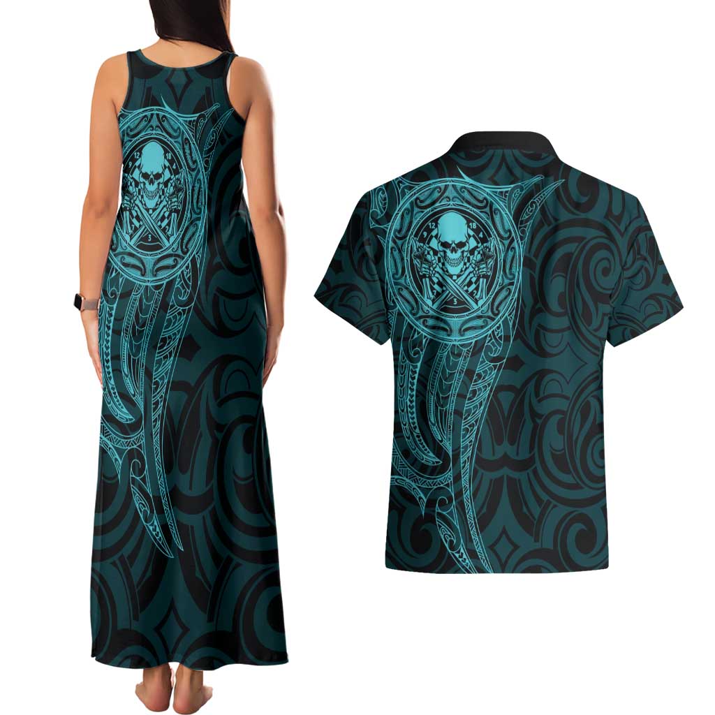 New Zealand Skull Darts Couples Matching Tank Maxi Dress and Hawaiian Shirt Aotearoa Maori Chest Tattoo Stylized Teal - Aussie Hoodie