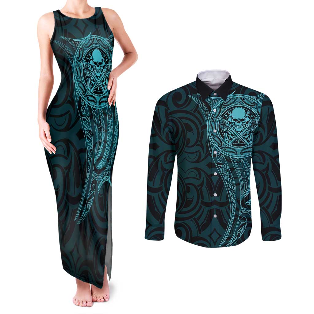 New Zealand Skull Darts Couples Matching Tank Maxi Dress and Long Sleeve Button Shirt Aotearoa Maori Chest Tattoo Stylized Teal - Aussie Hoodie