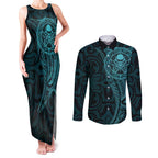 New Zealand Skull Darts Couples Matching Tank Maxi Dress and Long Sleeve Button Shirt Aotearoa Maori Chest Tattoo Stylized Teal - Aussie Hoodie
