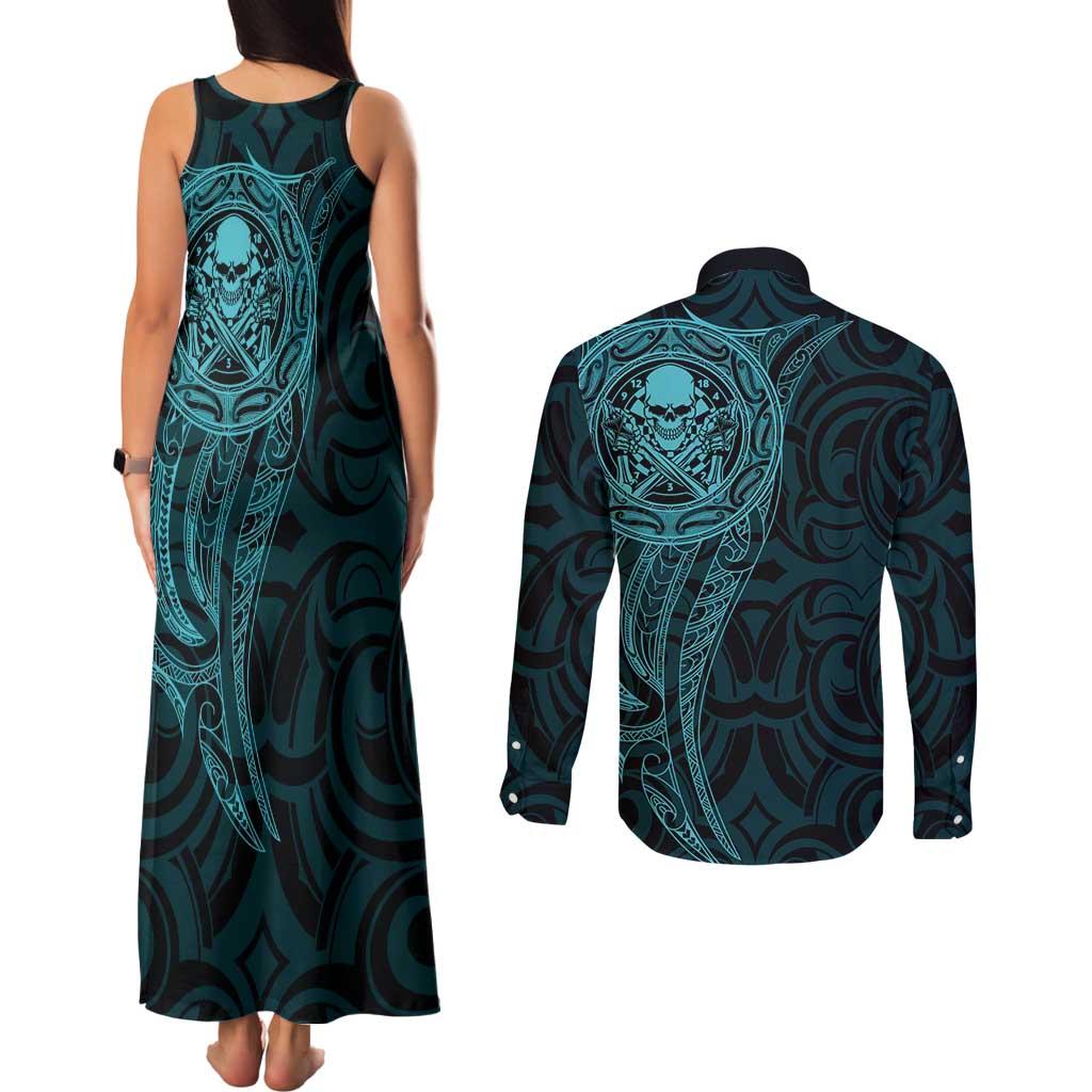 New Zealand Skull Darts Couples Matching Tank Maxi Dress and Long Sleeve Button Shirt Aotearoa Maori Chest Tattoo Stylized Teal - Aussie Hoodie