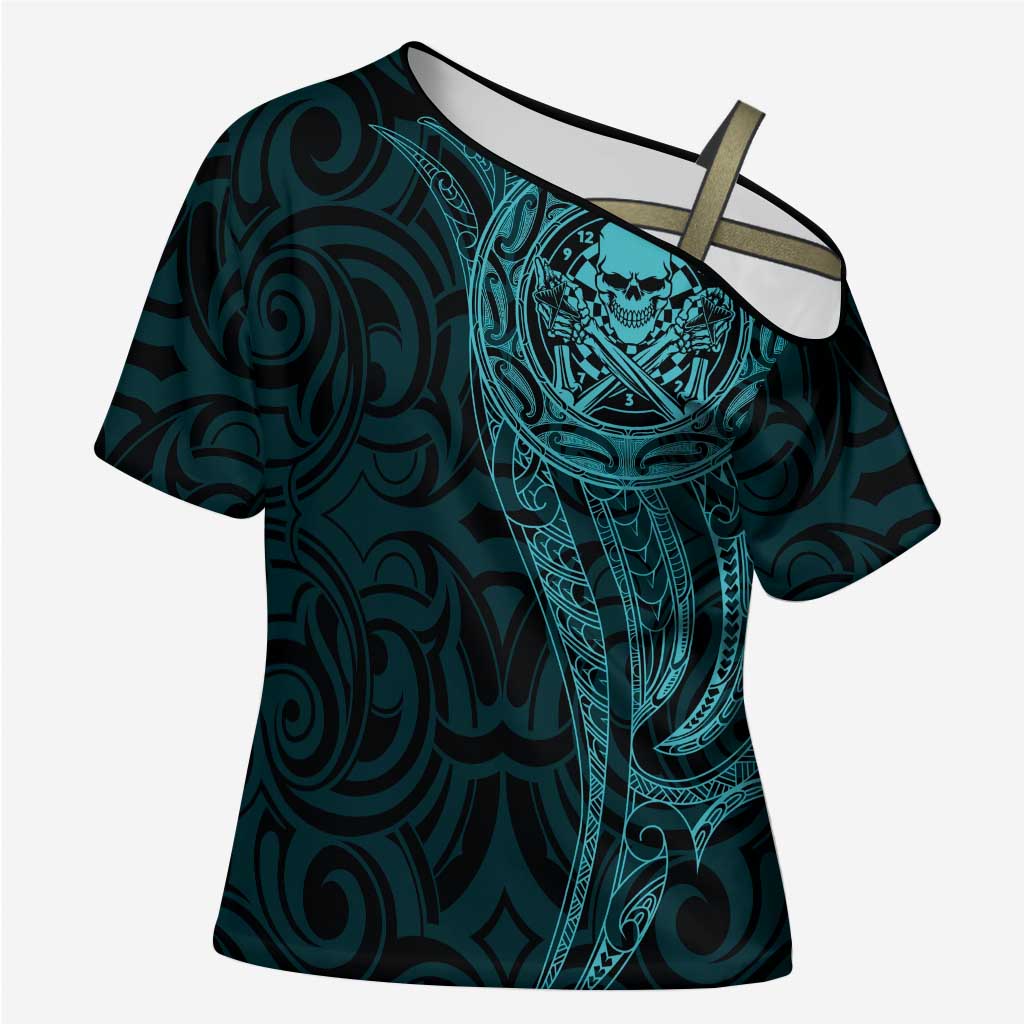 New Zealand Skull Darts Cross Shoulder Shirt Aotearoa Maori Chest Tattoo Stylized Teal - Aussie Hoodie