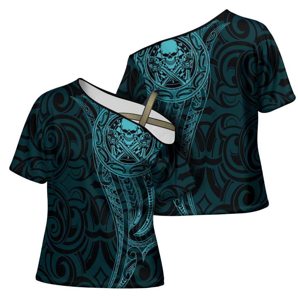 New Zealand Skull Darts Cross Shoulder Shirt Aotearoa Maori Chest Tattoo Stylized Teal - Aussie Hoodie