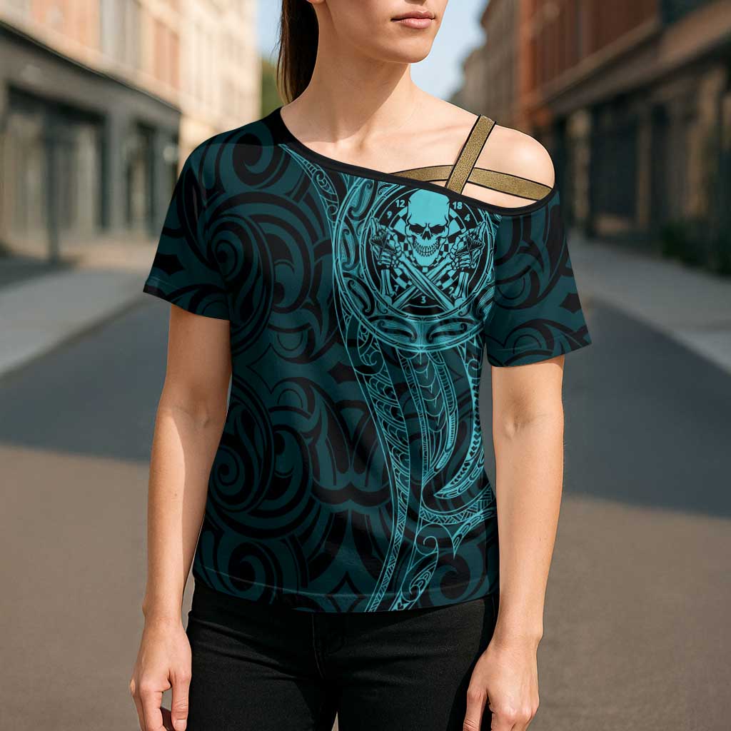 New Zealand Skull Darts Cross Shoulder Shirt Aotearoa Maori Chest Tattoo Stylized Teal - Aussie Hoodie