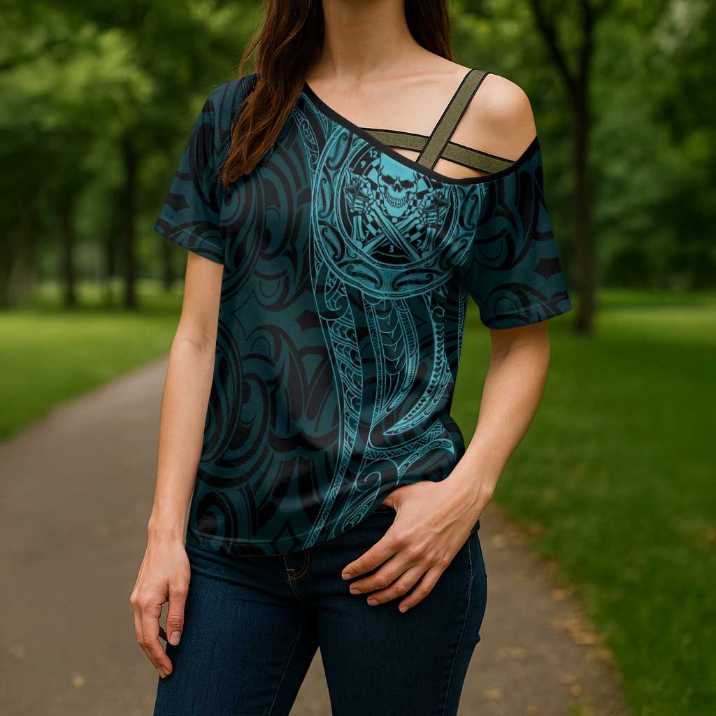 New Zealand Skull Darts Cross Shoulder Shirt Aotearoa Maori Chest Tattoo Stylized Teal - Aussie Hoodie