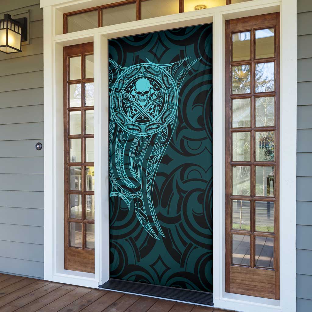 New Zealand Skull Darts Door Cover Aotearoa Maori Chest Tattoo Stylized Teal - Aussie Hoodie