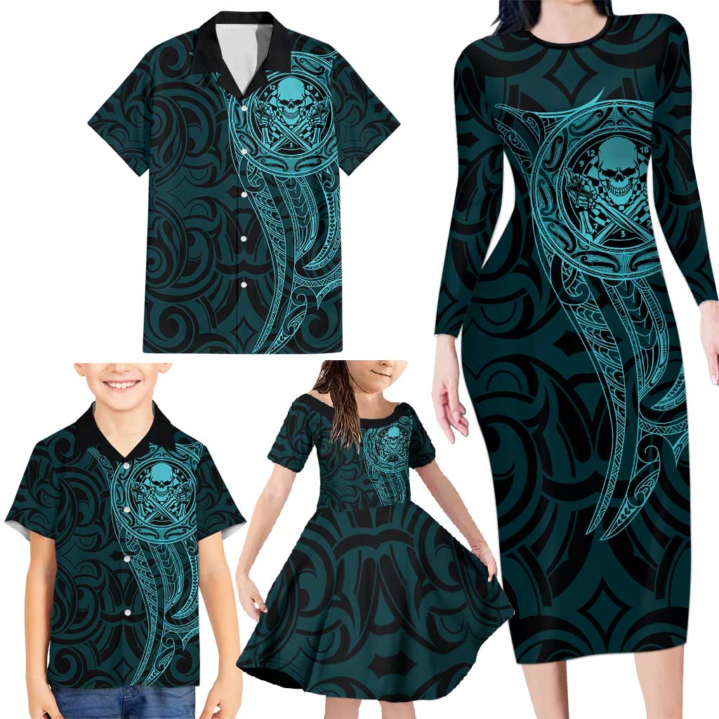 New Zealand Skull Darts Family Matching Long Sleeve Bodycon Dress and Hawaiian Shirt Aotearoa Maori Chest Tattoo Stylized Teal - Aussie Hoodie