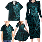 New Zealand Skull Darts Family Matching Long Sleeve Bodycon Dress and Hawaiian Shirt Aotearoa Maori Chest Tattoo Stylized Teal - Aussie Hoodie