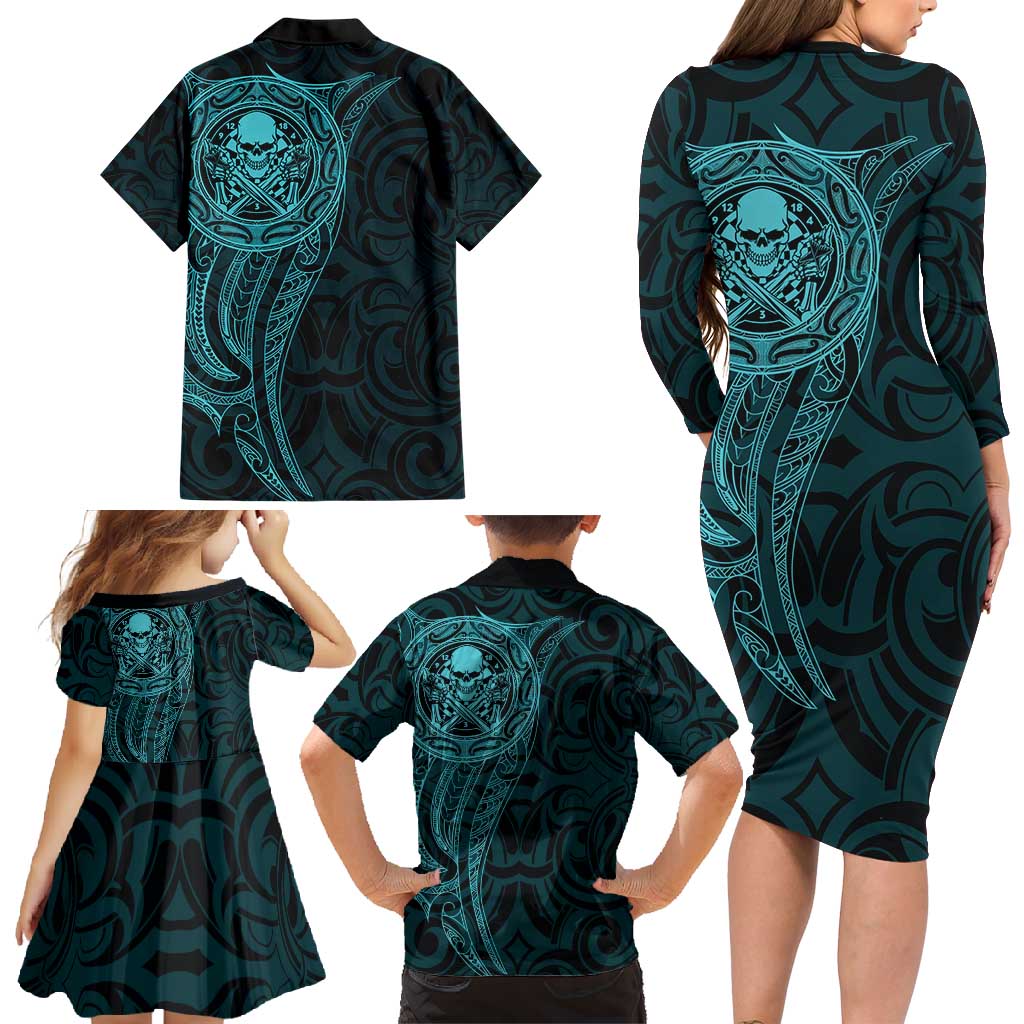 New Zealand Skull Darts Family Matching Long Sleeve Bodycon Dress and Hawaiian Shirt Aotearoa Maori Chest Tattoo Stylized Teal - Aussie Hoodie