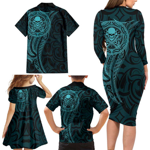 New Zealand Skull Darts Family Matching Long Sleeve Bodycon Dress and Hawaiian Shirt Aotearoa Maori Chest Tattoo Stylized Teal - Aussie Hoodie