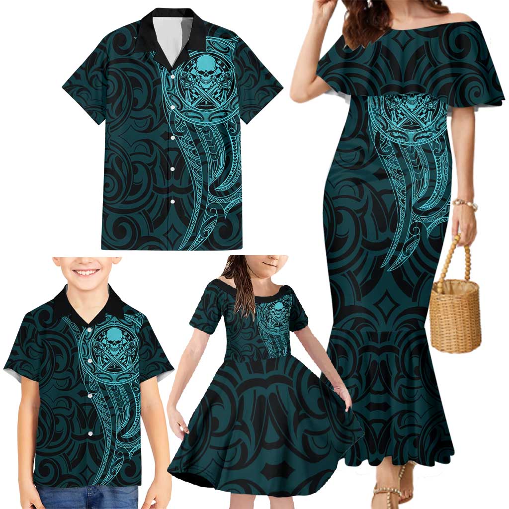 New Zealand Skull Darts Family Matching Mermaid Dress and Hawaiian Shirt Aotearoa Maori Chest Tattoo Stylized Teal - Aussie Hoodie